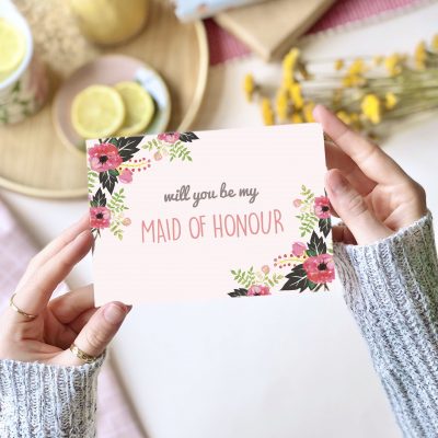 Will you be my Maid of Honour Pink Floral Card - designed by Rodo Creative in Manchester