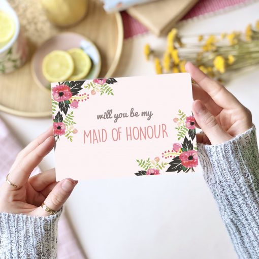 Will you be my Maid of Honour Pink Floral Card - designed by Rodo Creative in Manchester