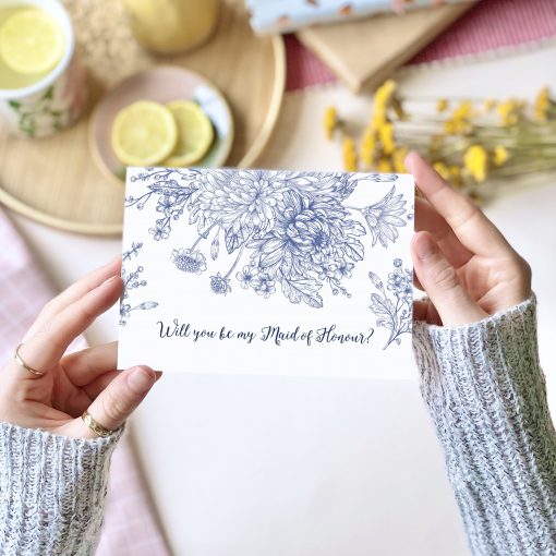 Will you be my Maid of Honour? Blue Floral Card - designed by Rodo Creative in Manchester