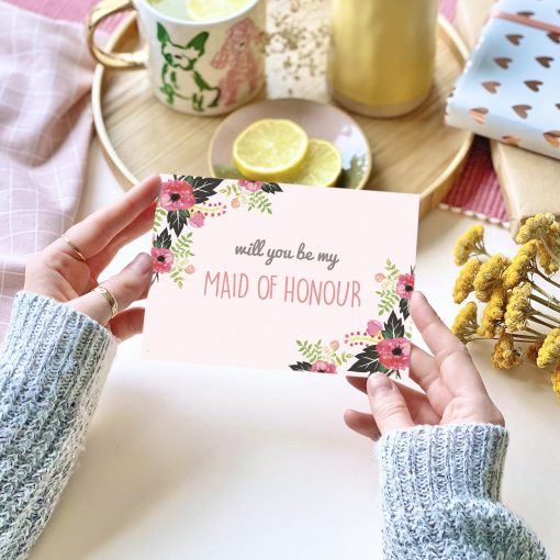 Will you be my Maid of Honour Pink Floral Card - designed by Rodo Creative in Manchester