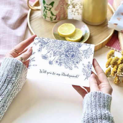 Will you be my Bridesmaid? Blue floral Card - designed by Rodo Creative in Manchester
