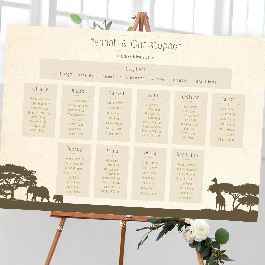 Safari Wedding Table Plan - Designed by Rodo Creative in Manchester