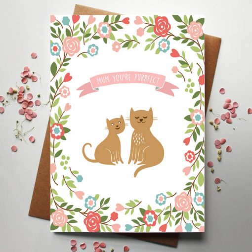 Cat lover mother's day card with cat illustrations and a floral pattern