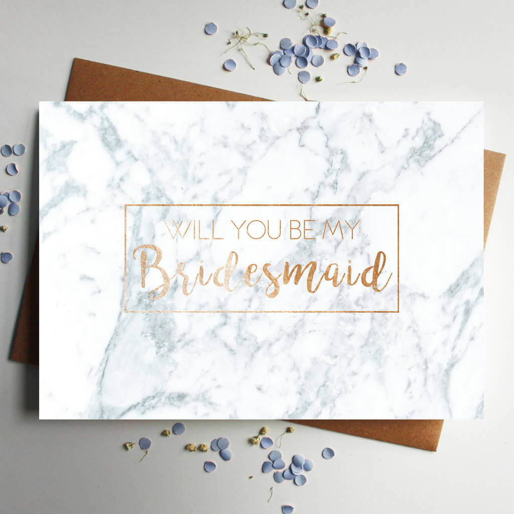 will you be my bridesmaid rose gold foiled marble card designed by