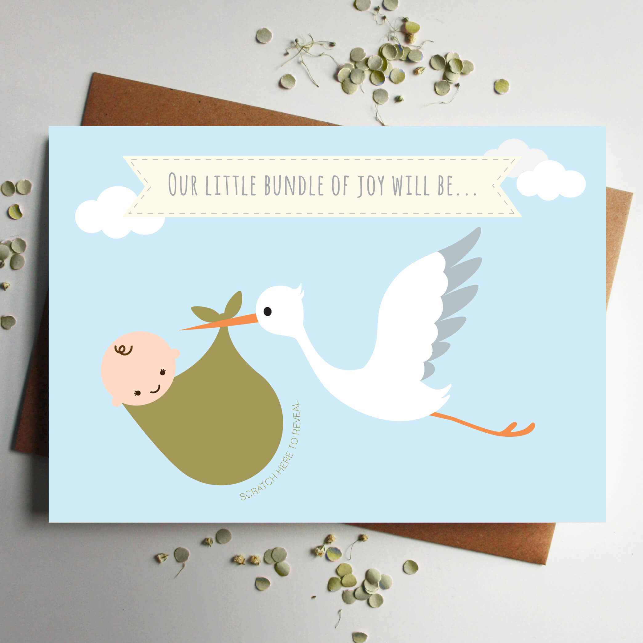 Scratch Card Baby Announcement Cute Stork Girl or Boy Card