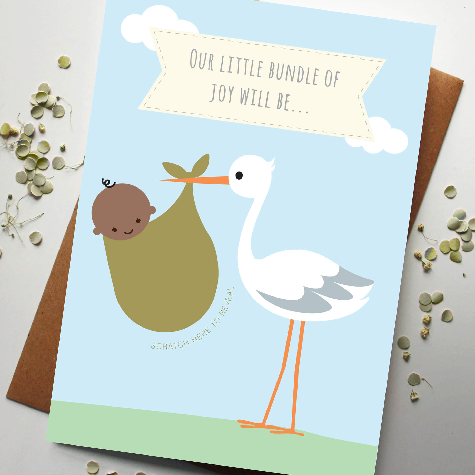 Gender Announcement Scratch Card with Stork Baby Card Designed By
