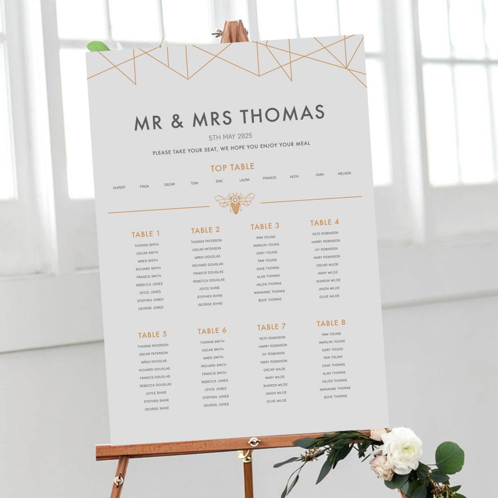 geometric table plan for weddings or special events copper and grey