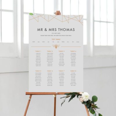 geometric table plan for weddings or special events copper and grey