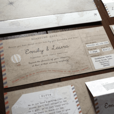 Phileas Fogg Vintage Map Boarding Pass Invitations designed by Rodo Creative. Perfect for a travel themed wedding or travel couple