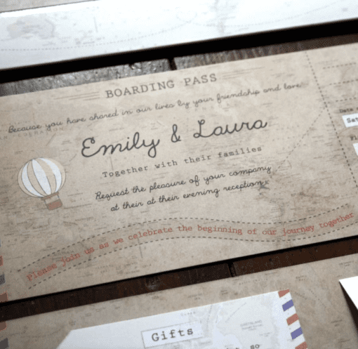 Phileas Fogg Vintage Map Boarding Pass Invitations designed by Rodo Creative. Perfect for a travel themed wedding or travel couple