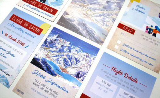 ski pass wedding invitation with lanyard and ski slope details. fun unique invitation for a party or event.