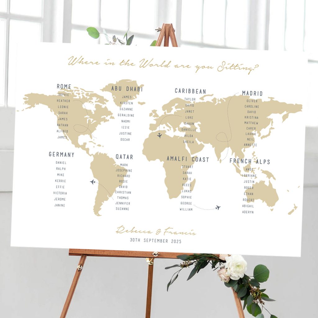 where in the world are you sitting table plan for wedding or birthday event gold world map