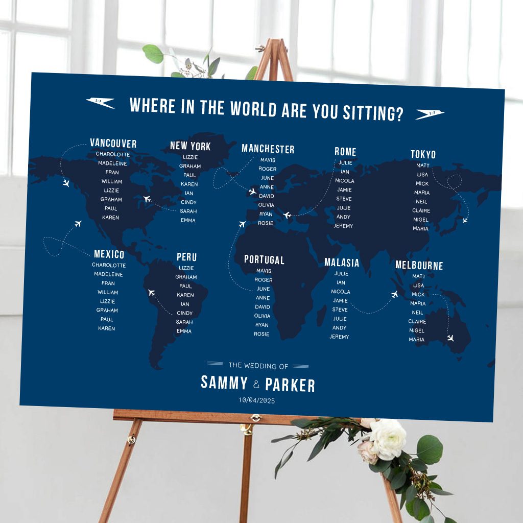50s Air travel table plan, navy blue and white by Rodo Creative