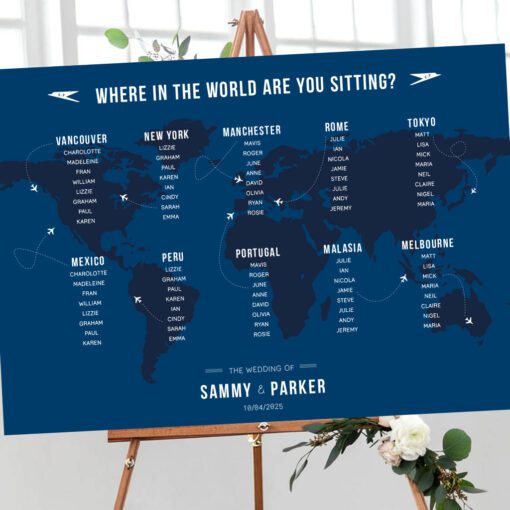 50s Air travel table plan, navy blue and white by Rodo Creative