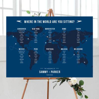 50s Air travel table plan, navy blue and white by Rodo Creative