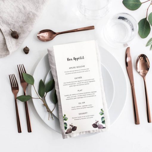 Let your guests know what food they can look forward to with this beautiful eucalyptus menu. Perfect for an elegant wedding with touches of foliage.