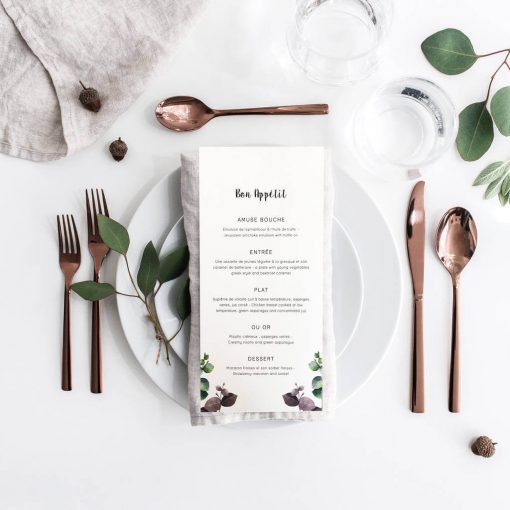 Let your guests know what food they can look forward to with this beautiful eucalyptus menu. Perfect for an elegant wedding with touches of foliage.