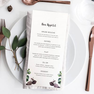 Let your guests know what food they can look forward to with this beautiful eucalyptus menu. Perfect for an elegant wedding with touches of foliage.