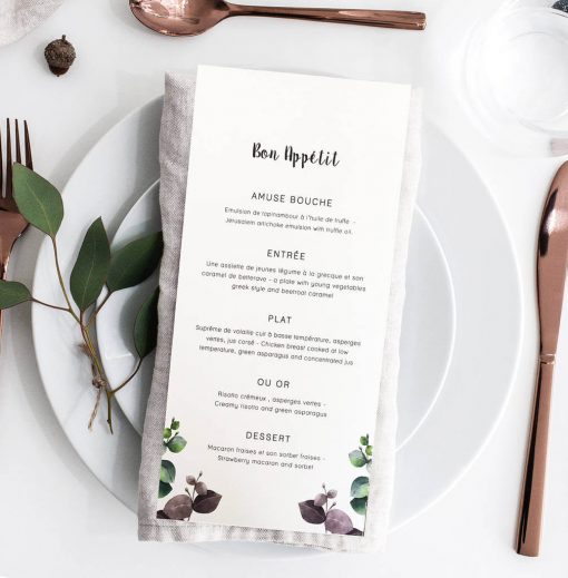 Let your guests know what food they can look forward to with this beautiful eucalyptus menu. Perfect for an elegant wedding with touches of foliage.