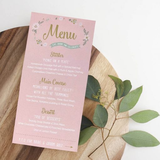 This Illustrative Flower Menu design adds colour and elegance to your wedding dining table. Guests names can be added to the top to team up as a place card.
