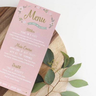 This Illustrative Flower Menu design adds colour and elegance to your wedding dining table. Guests names can be added to the top to team up as a place card.