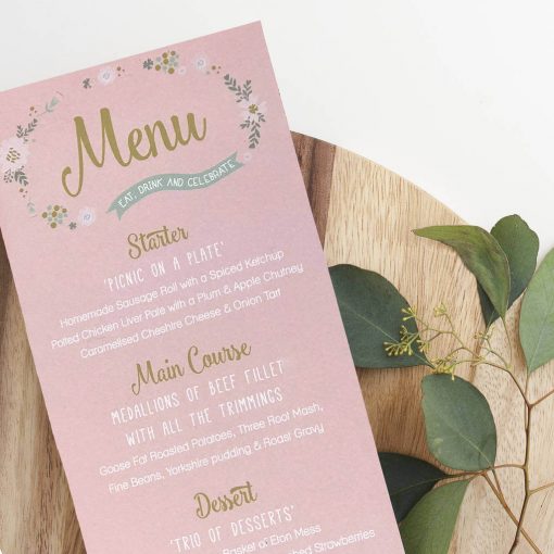 This Illustrative Flower Menu design adds colour and elegance to your wedding dining table. Guests names can be added to the top to team up as a place card.