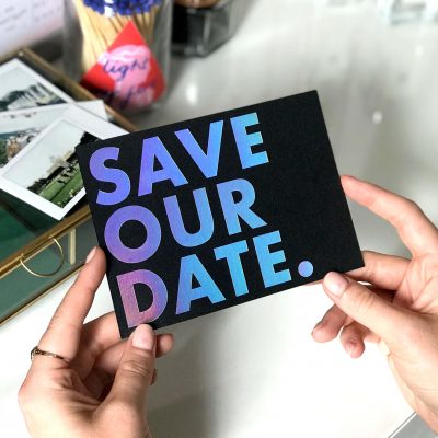 Rainbow Holographic Foiled Save the Dates - Designed by Rodo Creative