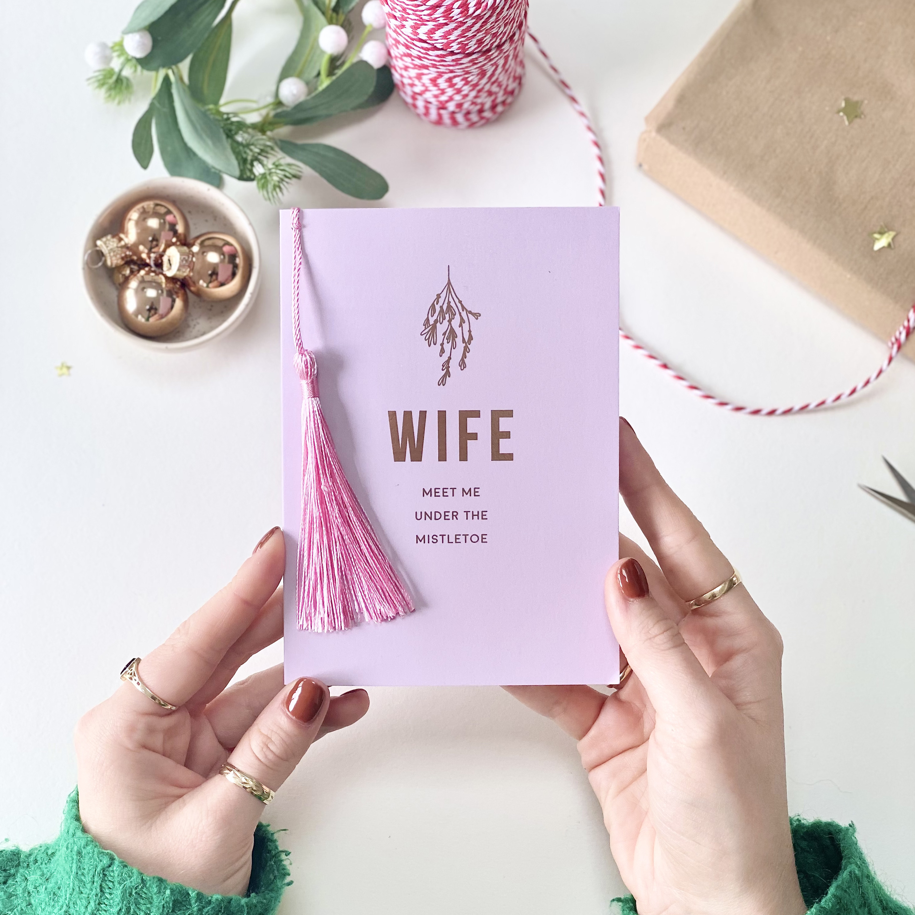 Wife Christmas Card, Luxury Rose gold foil and tassel details. Designed by Rodo Creative
