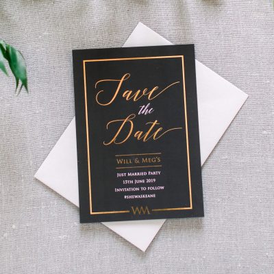 Black and Gold Luxurious Save the Dates for a Special wedding or event. Designed by Rodo Creative