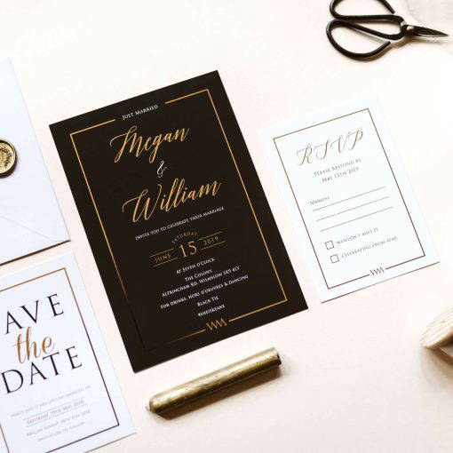 Our Black and Gold Lux wedding invites are the ultimate in luxury wedding invitations. Featuring gold foil detailing and rich black colour scheme