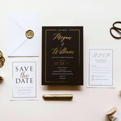 Our Black and Gold Lux wedding invites are the ultimate in luxury wedding invitations. Featuring gold foil detailing and rich black colour scheme