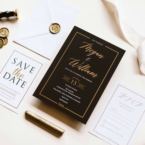 Our Black and Gold Lux wedding invites are the ultimate in luxury wedding invitations. Featuring gold foil detailing and rich black colour scheme. invite wording for a wedding after party