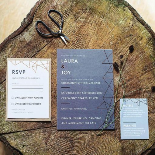 Grey Geometric Copper Foil Wedding Invites - Designed by Rodo Creative