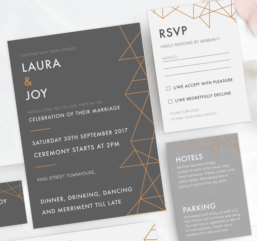 Grey Geometric Copper Foil Wedding Invites - Designed by Rodo Creative