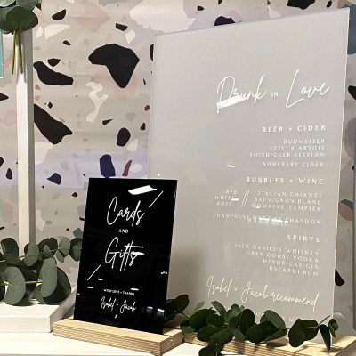 Acrylic Drinks Menu - Signage for a modern wedding - By Rodo Creative