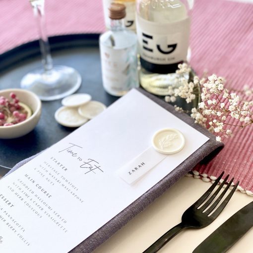 Modern Wax Seal Wedding Menu With Optional Quiz Card - designed by Rodo Creative in Manchester