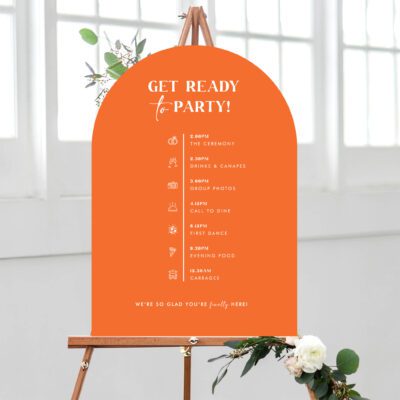 Orange timeline sign for a wedding