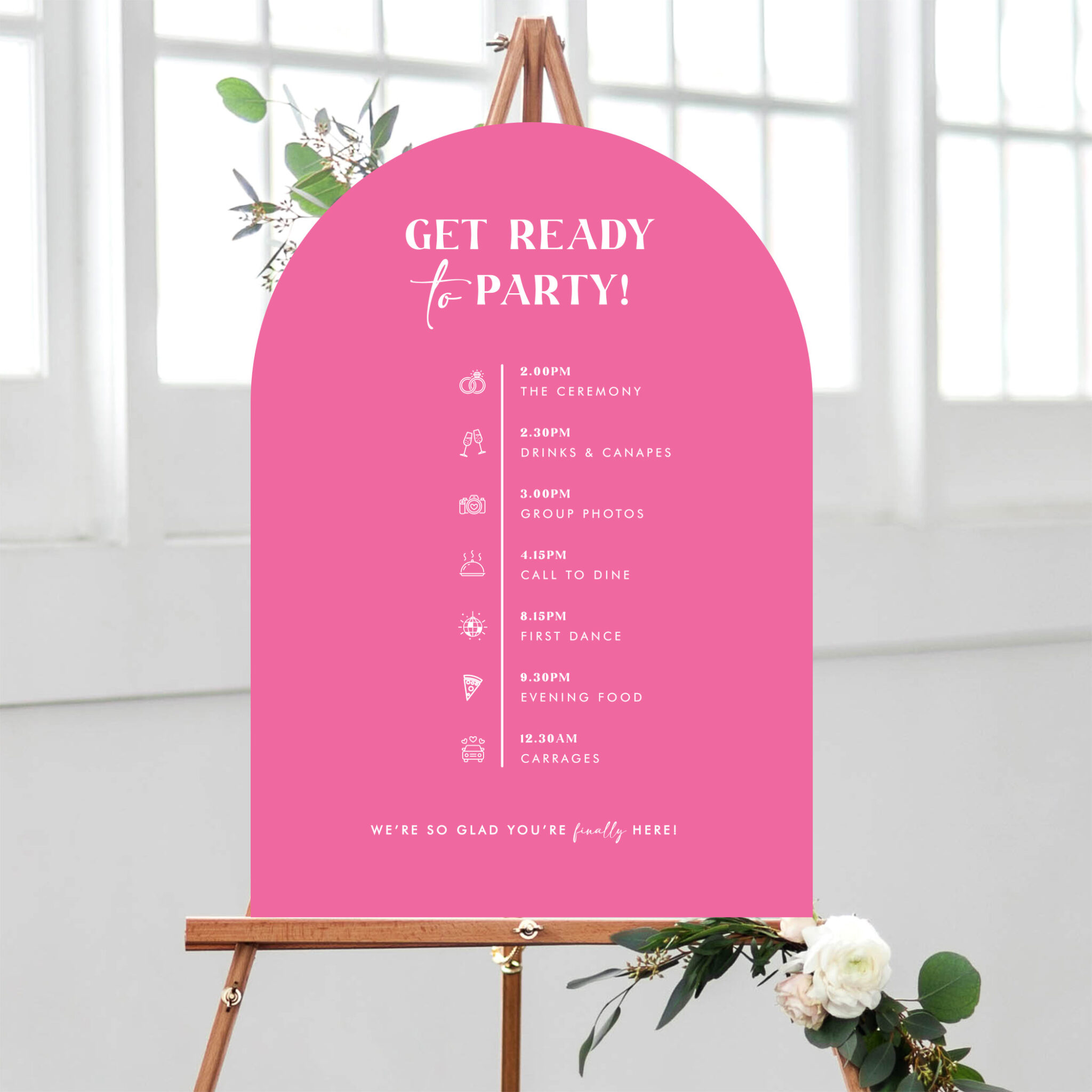 Pink timeline sign for a wedding
