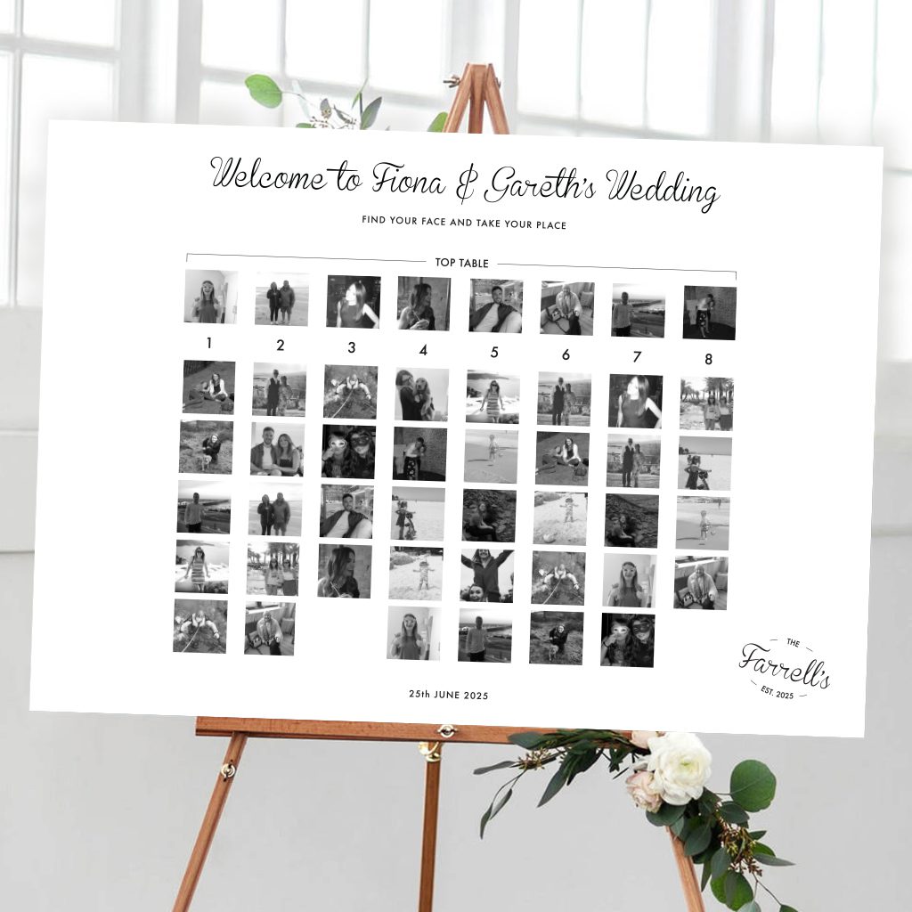 black and white photo find your face wedding table plan - photo collage to find your seat by Rodo Creative