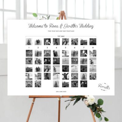 black and white photo find your face wedding table plan - photo collage to find your seat by Rodo Creative